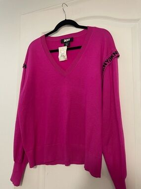 DKNY Women's V-Neck Sweater in Bright Fuchsia